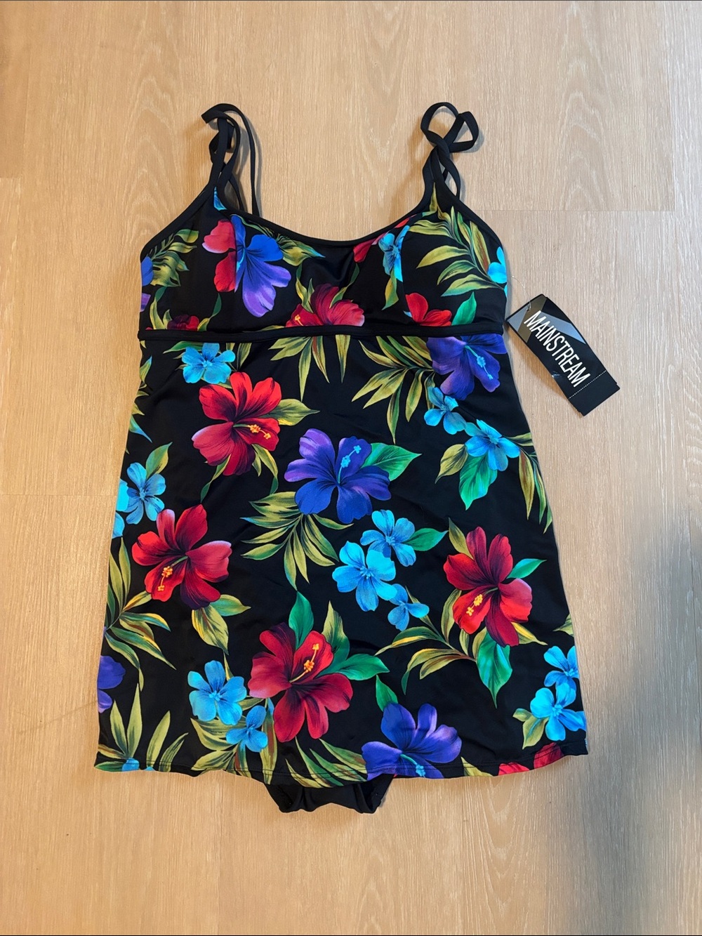 NWT Mainstream Black Floral Swimdress with Floral Print size 16
